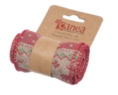 stuha s drátem 6 cm x 2 m - přírodní/červená s vánočním potiskem