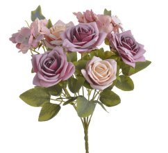 kytice růží s hortenzií 44 cm - meruňková/růžová