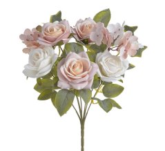 kytice růží s hortenzií 44 cm - bílá/růžová