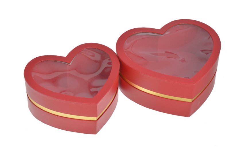 Flowerbox srdce s průhledným víkem (2 ks) - červená/zlatá