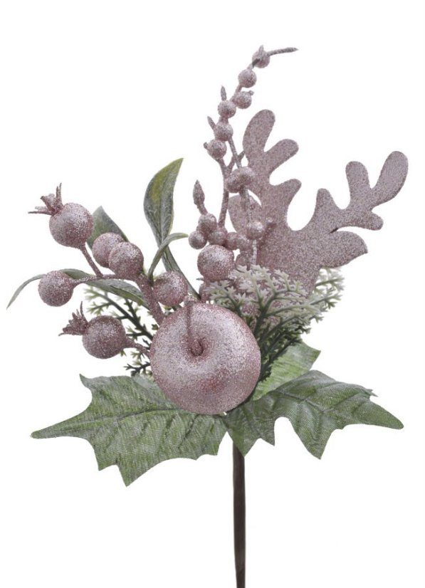 větvička - zápich s jablkem a bobulemi - růžový glitter