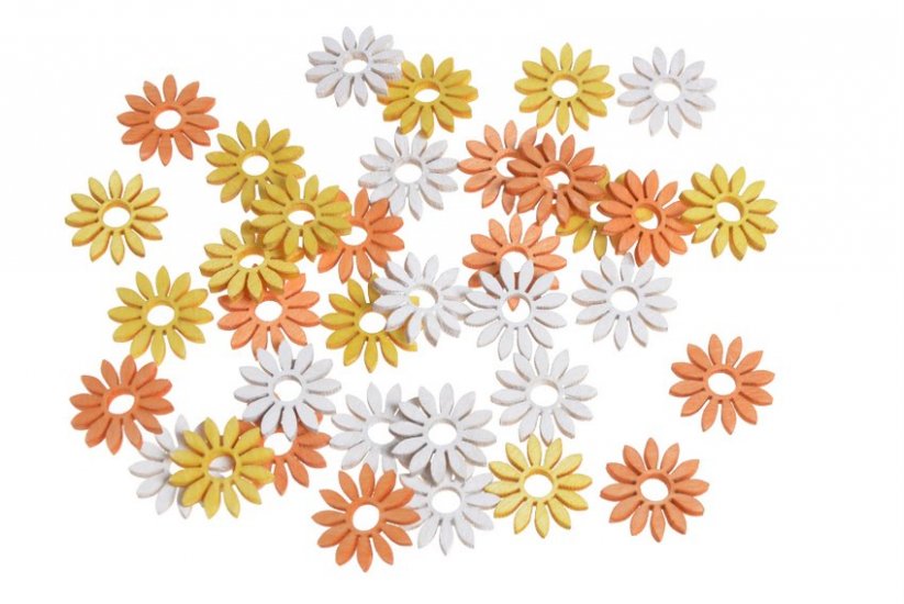 dřevěné květy (36 ks), žlutá, bílá, oranžová