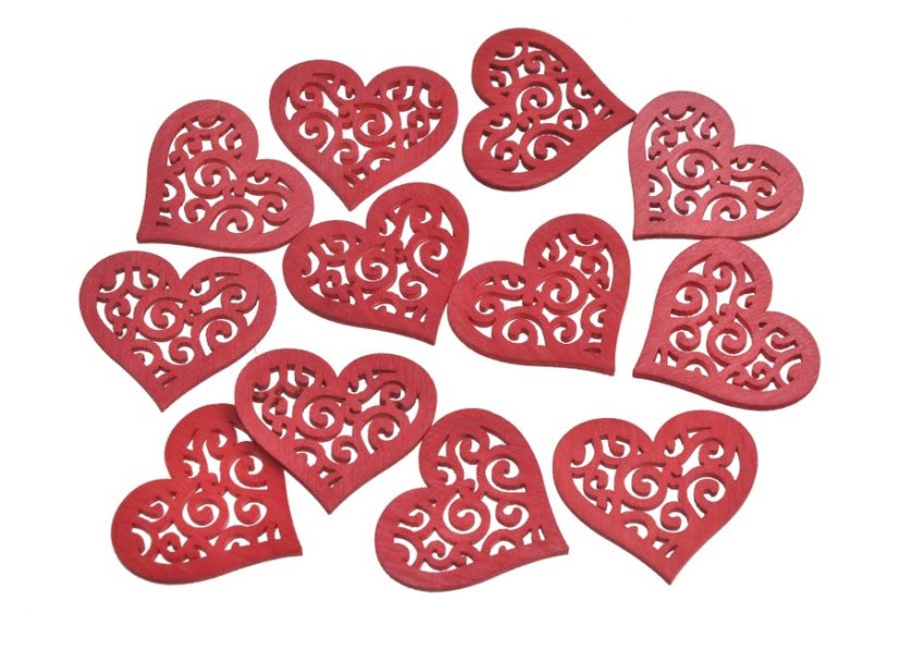dřevěná srdce ornament (12 ks) - červená