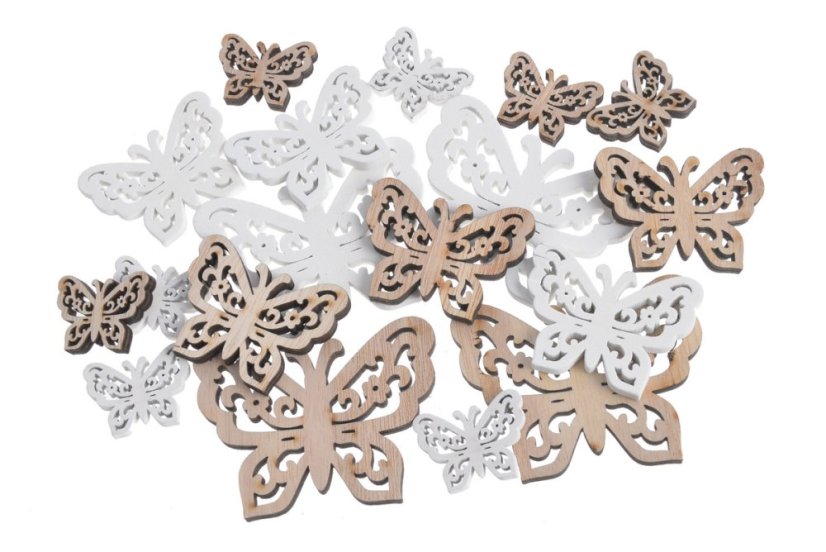 dřevěné výseky motýli (18 ks) - bílá, přírodní