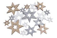 dřevěné hvězdy (16 ks), 3 barvy, 3 velikosti
