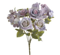 kytice růží s hortenzií 44 cm - fialová