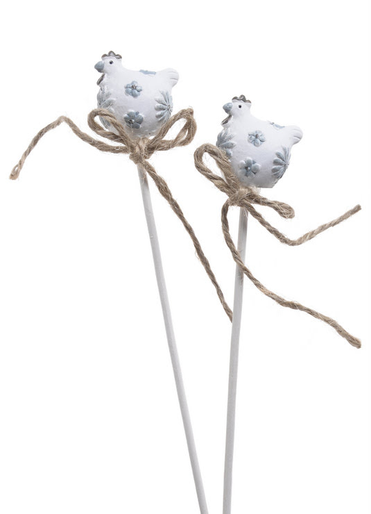slepičky zápich - bílá s modrými květy (4 ks)