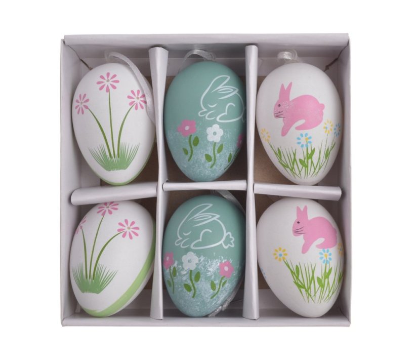 veselá velikonoční vejce k pověšení 5,5 cm (6 ks) - bílá/růžová/mint