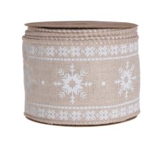 stuha s drátem 6 cm x 5 m - přírodní s vločkami