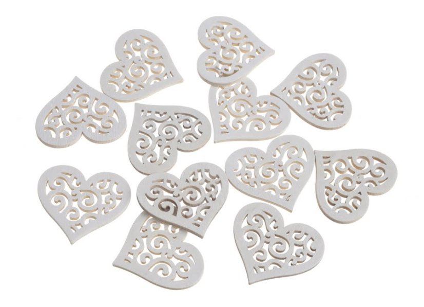 dřevěná srdce ornament (12 ks) - bílá