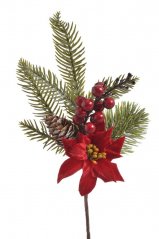 větvička s vánoční hvězdou, bobulemi a šiškou 35 cm - červená