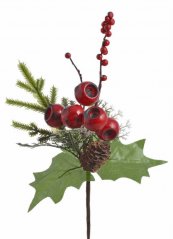 zimní větvička s bobulemi a šiškou 26 cm - červená