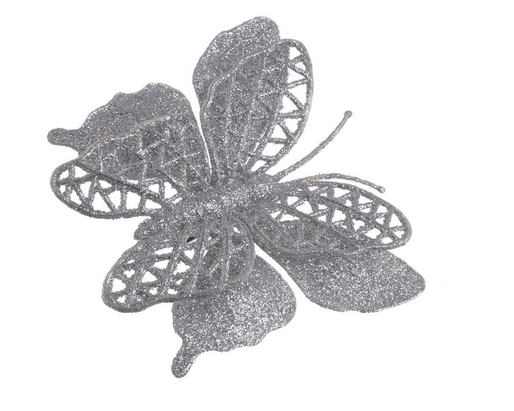 motýl glitter (2 ks) klip - stříbrný